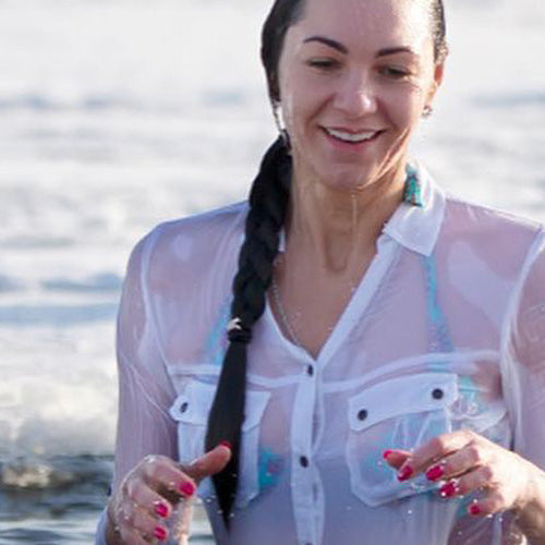 woman taking ice bath