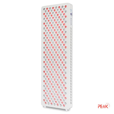 The image shows the PowerPanel mega from one side. It's a large red light therapy panel