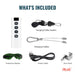 The image shows what's included with the purchase: a pair of protective glasses; a power cable; a door hook; hanging cables; hanging pulley system; the controller; and the red light therapy panel
