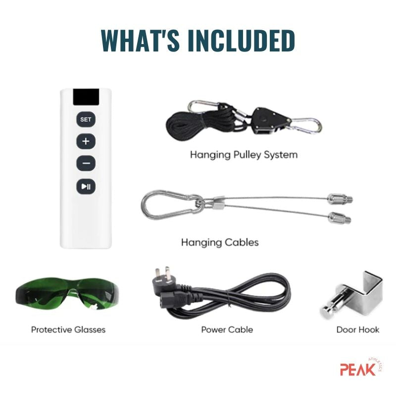 The image shows what's included with the purchase: a pair of protective glasses; a power cable; a door hook; hanging cables; hanging pulley system; the controller; and the red light therapy panel