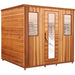 A photo of  large commercial infrared sauna for 6 people. It has a digital controller, a large glass door and two windows.