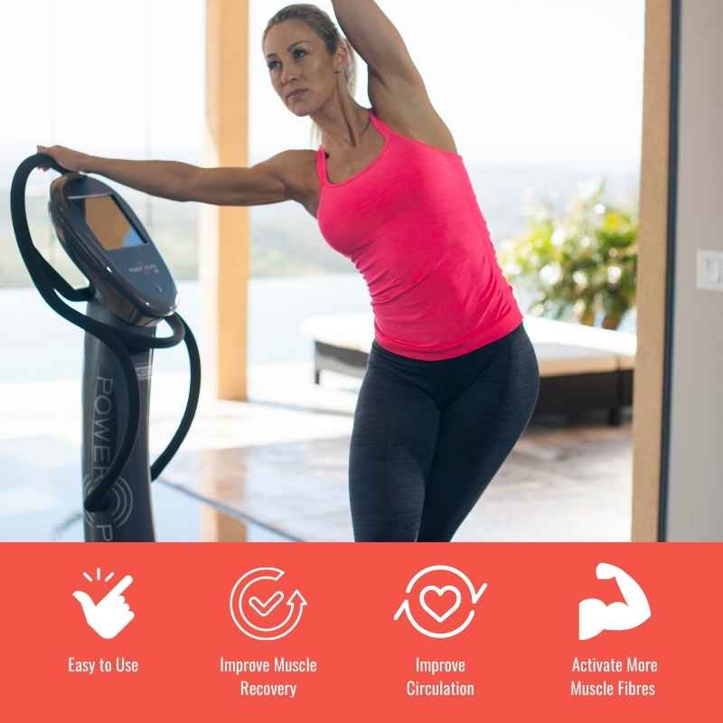 Some of the benefits of using a my7 vibration plate: easy to use; improve muscle recovery; improve circulation; activate more muscle fibres