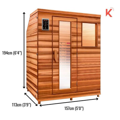 Dimensions of a health mate infrared sauna for three people: length 194cm (6'4''), width 157cm (5'0'') and depth 113cm (3'9'')