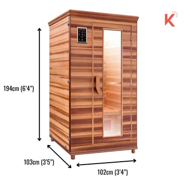 Dimensions of a health mate infrared sauna for one person: length 194cm (6'4''), width 102cm (3'4'') and depth 103cm (3'5'')