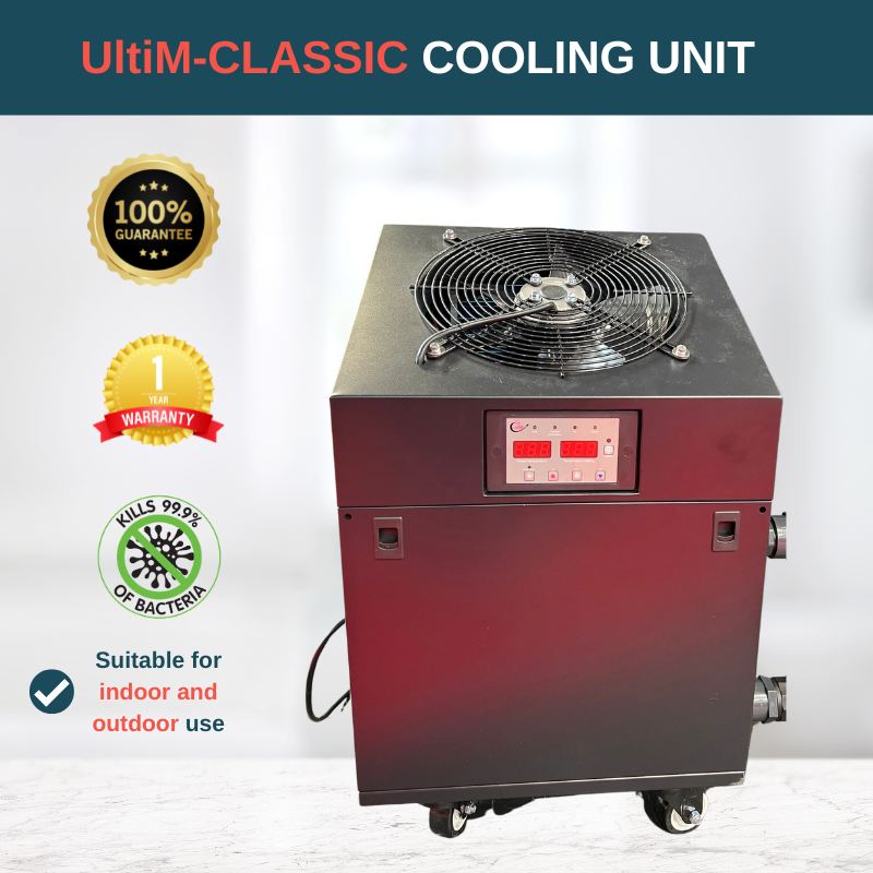 an image of the chiller and some of its USP: 1 year warranty; kills 99.9% of bacteria and it's suitable for indoor and outdoor