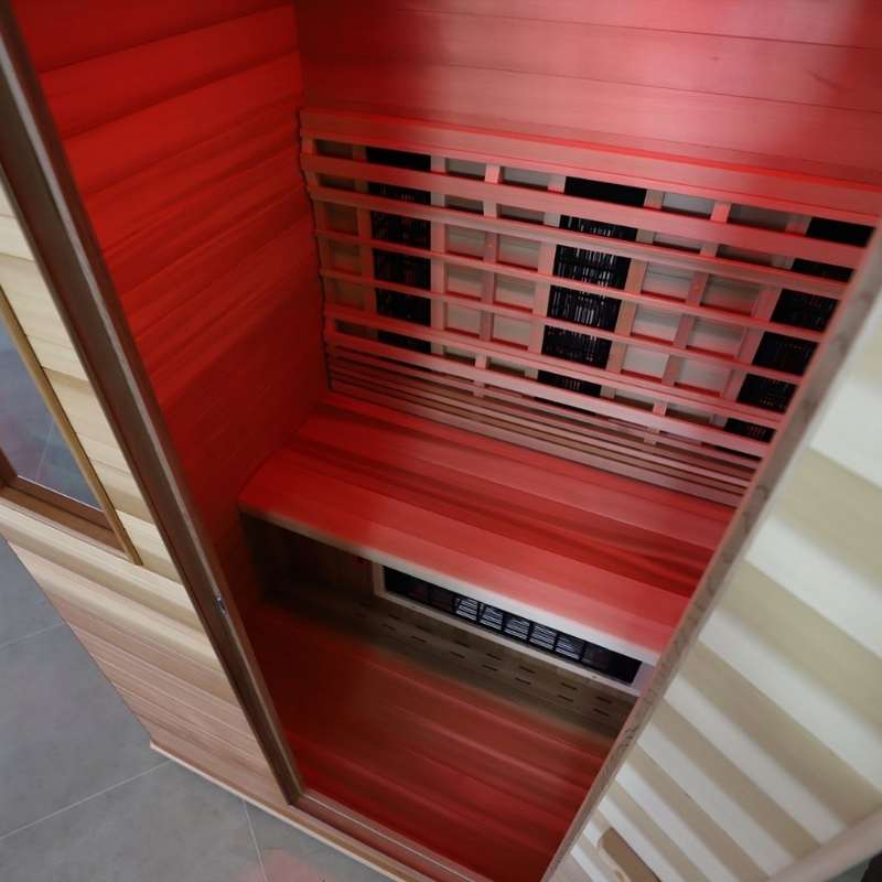 Inside the sauna you can see the underfloor heating and lower back radiators. This health mate sauna is the perfect size for one person